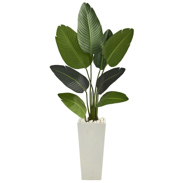 Nearly Natural Traveler's Palm 60inH Artificial Tree With Tall Planter, 60inH x 11inW x 11inD, Green/White