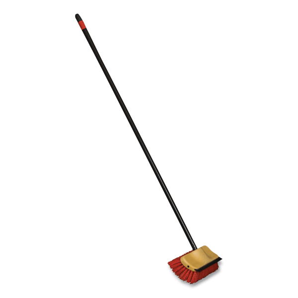 O-Cedar Commercial Bi-Level Floor Scrub Brush, Red Polypropylene Bristles, 10in Brush, 54in Black Metal Handle, 6/Carto