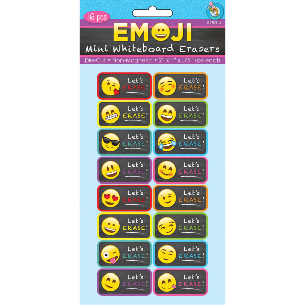 Ashley Productions Non-Magnetic Mini Whiteboard Erasers, 1-1/2in x 2in, Emoji, Pack Of 16 Erasers