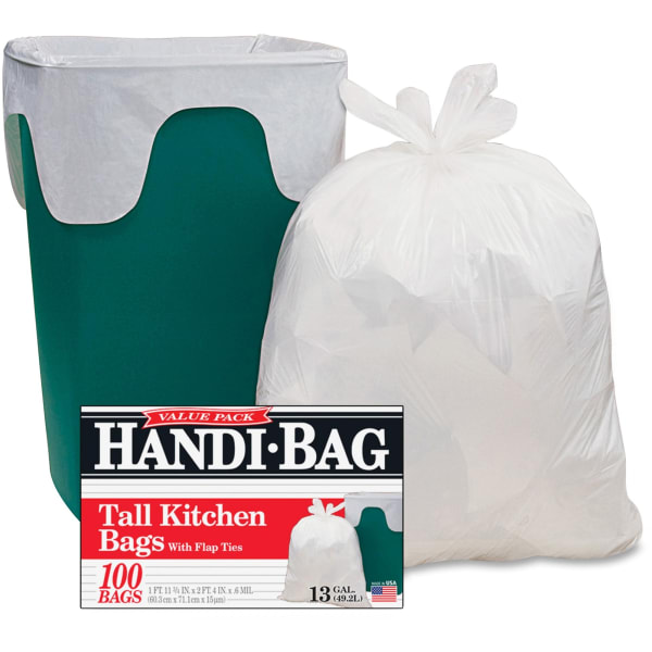 Berry Handi-Bag Flap Tie Tall Kitchen Bags - Small Size - 13 gal Capacity - 23.50in Width x 29in Length x 0.60 mil (15 Micron) Thickness - White - Hexene Resin - Home, Office, Kitchen - 100 Box - 6 / Carton