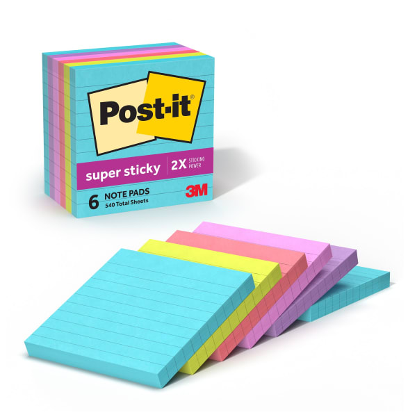 Post-it Super Sticky Notes, 6 Pads, 4 in x 4 in, 2x the Sticking Power, School Supplies and Office Products, Sticky Notes for Vertical Surfaces, Monitors, Walls and Windows, Supernova Neons Collection, Lined