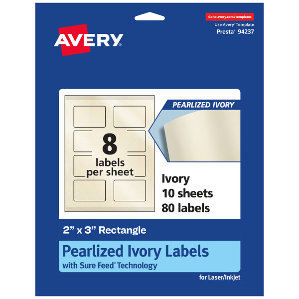 Avery Pearlized Permanent Labels With Sure Feed, 94237-PIP10, Rectangle, 2in x 3in, Ivory, Pack Of 80 Labels