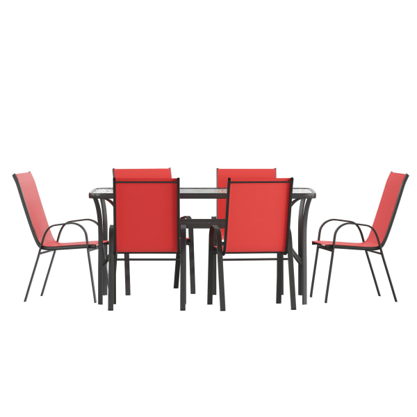 Flash Furniture Brazos 7 Piece Commercial Grade Patio Dining Set with Tempered Glass Patio Table and 6 Chairs with Flex Comfort Material Seats and Backs, Red
