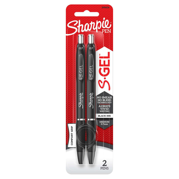 Sharpie S Gel Pens, Medium Point, 0.7 mm, Black Barrel, Black Ink, Pack Of 2 Pens