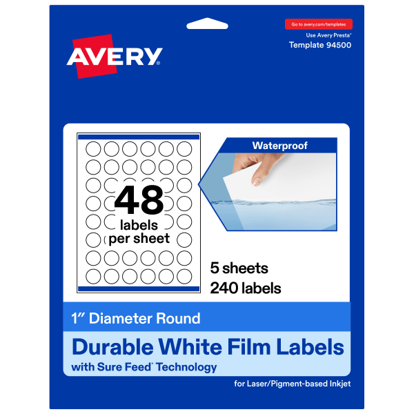 Avery Waterproof Permanent Labels With Sure Feed, 94500-WMF5, Round, 1in Diameter, White, Pack Of 240