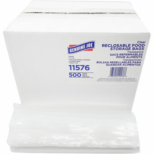 Genuine Joe Food Storage Bags - 7in Width x 8in Length x 1.75 mil (44 Micron) Thickness - Zipper Closure - Clear - Food, Beef, Poultry, Vegetables, Seafood - 500 / Box