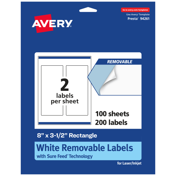 Avery Removable Labels With Sure Feed, 94261-RMP100, Rectangle, 8in x 3-1/2in, White, Pack Of 200 Labels