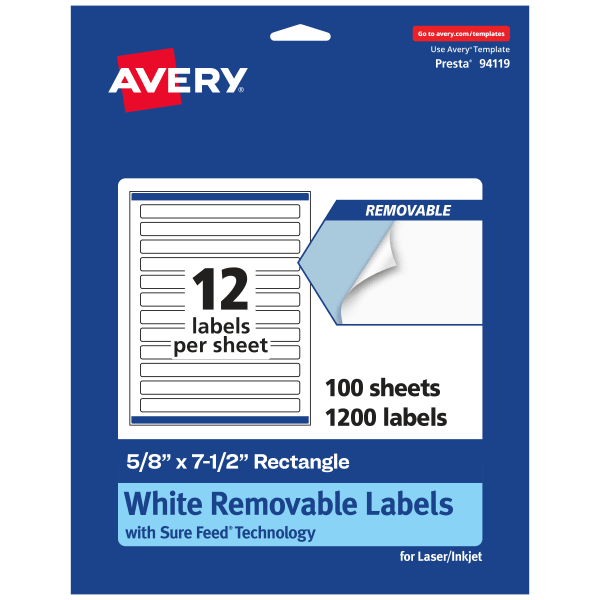 Avery Removable Labels With Sure Feed, 94119-RMP100, Rectangle, 5/8in x 7-1/2in, White, Pack Of 1,200 Labels