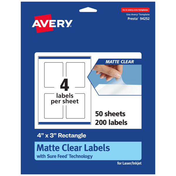 Avery Permanent Labels With Sure Feed, 94252-CMF50, Rectangle, 4in x 3in, Matte Clear, Pack Of 200
