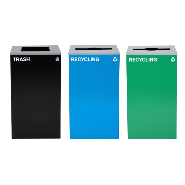 Alpine Industries Stainless-Steel Open Top Mixed Recycling And Trash Can Set With Square And Mixed Lids, 29 Gallons, 30inH x 16-15/16inW x 16-15/16inD, Black/Blue/Green, Set Of 3 Trash Cans