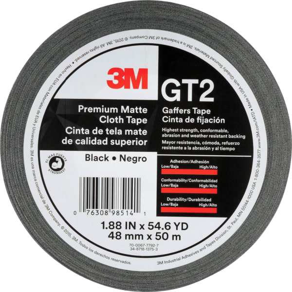 3M Gaffers Cloth Tape - 54.60 yd Length x 1.90in Width x 11 mil Thickness - Black - Vinyl - 1 Roll