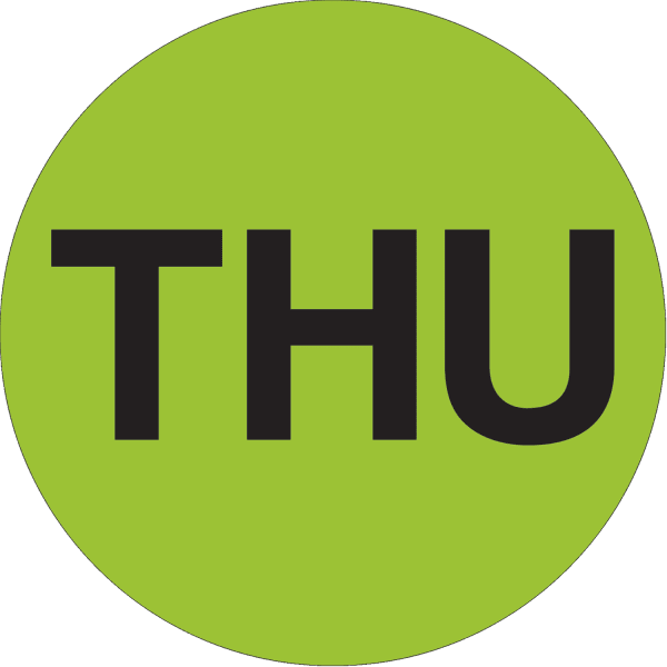 Tape Logic Permanent Inventory Label Roll, DL6532, Weekday-Style, "THU," 2in, Green, Roll Of 500