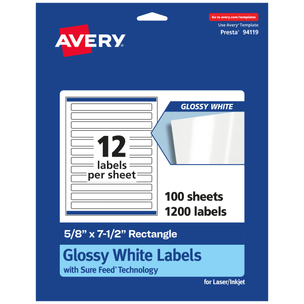 Avery Glossy Permanent Labels With Sure Feed, 94119-WGP100, Rectangle, 5/8in x 7-1/2in, White, Pack Of 1,200