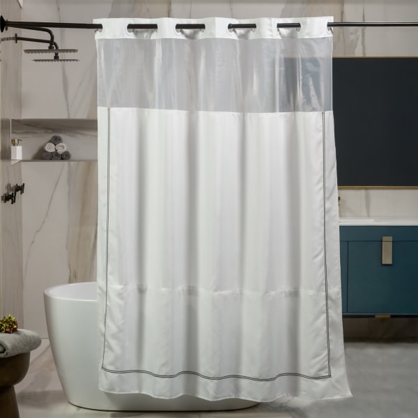 23 Threads Shower Curtain, Embroidered GRS Polyester, Hook-Free, With Window & Short Liner, White/Taupe, 71in x 74in, Case of 12