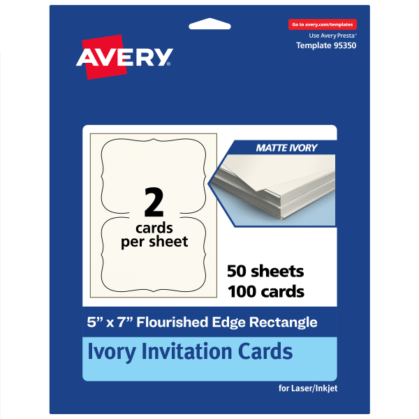 Avery Printable Invitation Cards, 5in x 7in Rectangle Flourished Edge, Matte Ivory, Pack Of 100