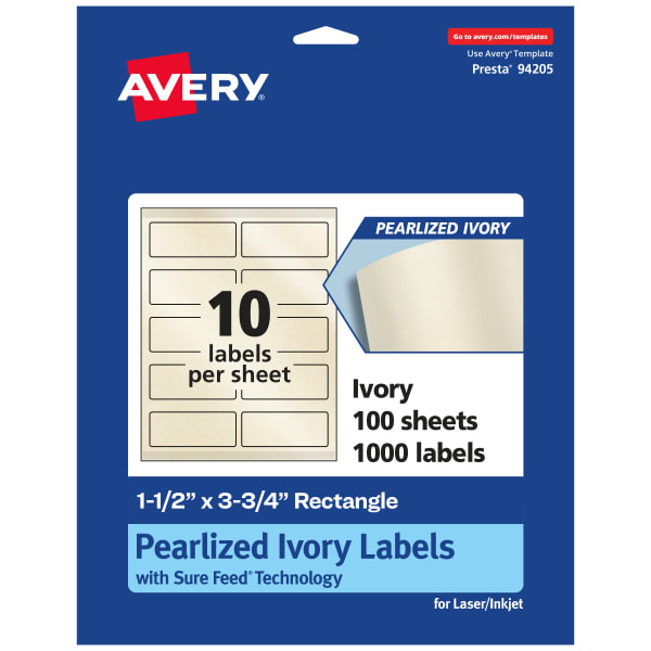 Avery Pearlized Permanent Labels With Sure Feed, 94205-PIP100, Rectangle, 1-1/2in x 3-3/4in, Ivory, Pack Of 1,000 Labels