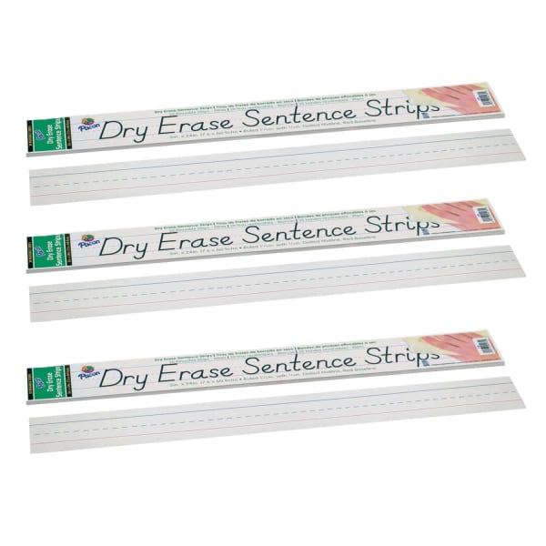 Pacon Dry Erase Sentence Strips, 1-1/2in x 3/4in Ruled, 1/16inH x 3inW x 24inD, White, 30 Strips Per Pack, Set Of 3 Packs