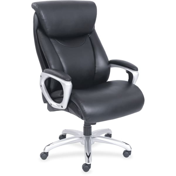 Lorell Big & Tall Bonded Leather Executive Chair With Flexible Air Technology, Loop Arms, Black/Silver