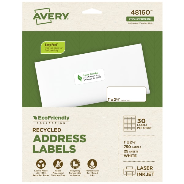 Avery EcoFriendly Address Labels, 48160, Rectangle, 1in x 2-5/8in, White, Pack Of 750 Labels