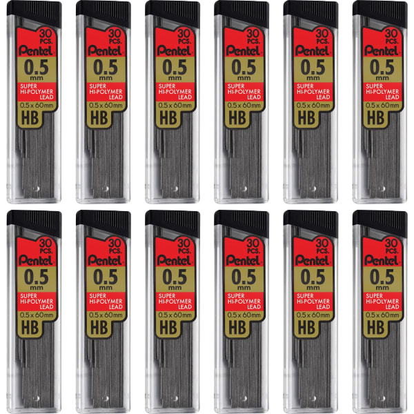 Pentel Super Hi-Polymer Leads - 0.5 mm , Fine Point - HB - Black Lead - 30 Tube - 12 / Box