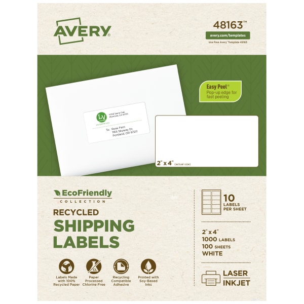 Avery EcoFriendly Permanent Shipping Labels, 48163, 2in x 4in, 100% Recycled, White, Box Of 1,000