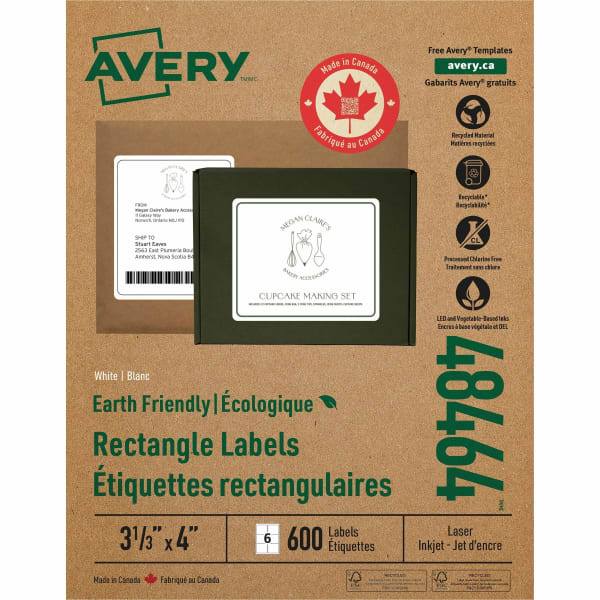 Avery EcoFriendly Permanent Shipping Labels, 48464, 3 1/3in x 4in, 100% Recycled, White, Box Of 600
