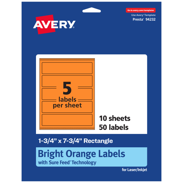 Avery Print-To-The-Edge Labels With Sure Feed Technology, 94232-BOP10, Rectangle, 1-3/4in x 7-3/4in, Matte Bright Orange, Pack of 50