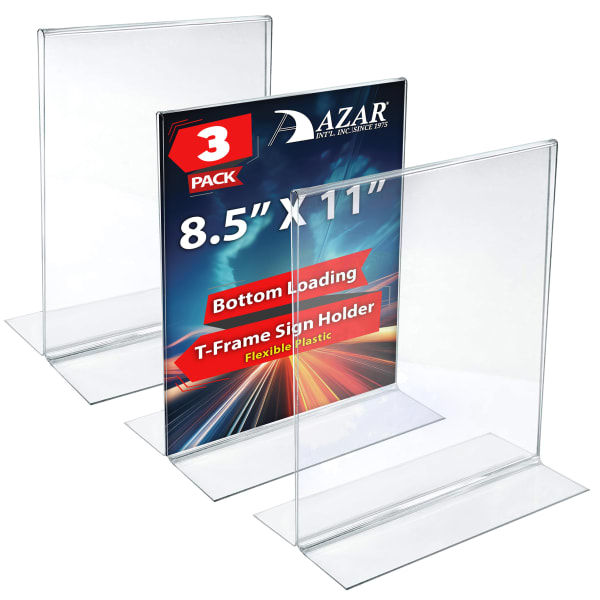 Azar Displays Flexible Plastic Vertical Sign Holders, 8-1/2in x 11in, Clear, Pack of 3 Holders