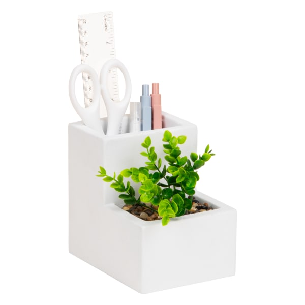 Mind Reader Ceramic Desktop Planter Pencil Cup, 4-3/4inH x 5inW x 3-3/4inD, White, Total Quantity 1
