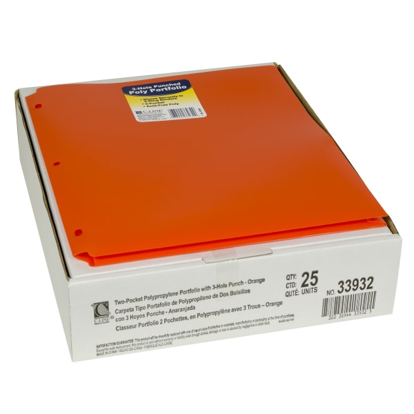 C-Line 2-Pocket Heavyweight Poly Portfolio Folders With 3-Hole Punch, 8-1/2in x 11in, Orange, Pack Of 25 Folders