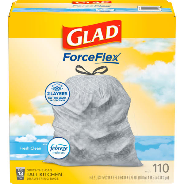 Glad ForceFlex Tall Kitchen Drawstring Trash Bags, 13 Gallon, Gain Fresh Clean, 110 Count (78554)