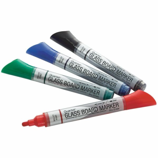 Quartet Premium Glass Board Dry-Erase Markers, Bullet Tip, Assorted Colors, 4 Pack - Bullet Marker Point Style - Black, Blue, Red, Green - 4 / Pack