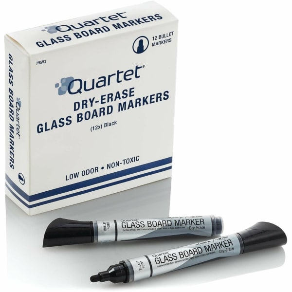 Quartet Premium Glass Board Dry-Erase Markers, Bullet Tip, Black, Pack Of 12