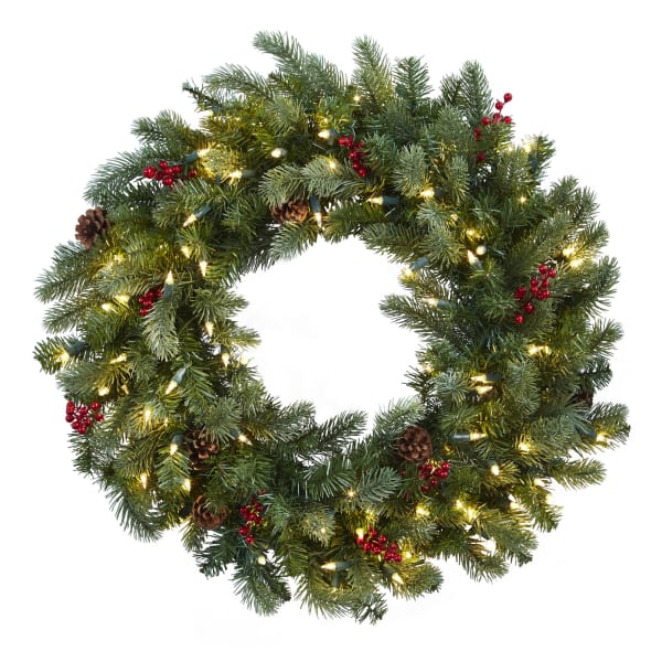 Nearly Natural 30inH Lighted Pine Wreath With Berries And Pine Cones, 30in x 3in, Green