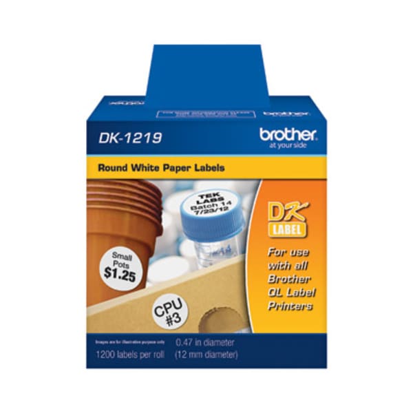 Brother DK1219 - White Small Round Paper Labels - 0.50in Length - 1200 / Roll - Direct Thermal - White - 1 Roll