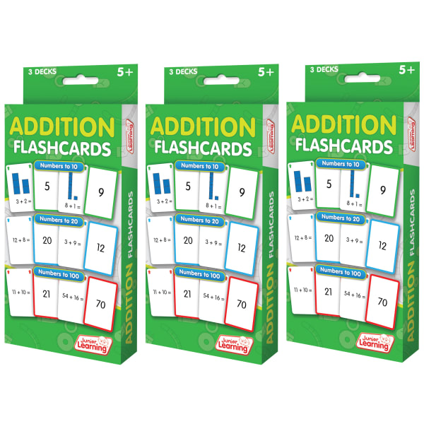 Junior Learning Flashcards, 7in x 3-1/3in, Addition, Pack Of 3 Flashcards, Set Of 3 Packs