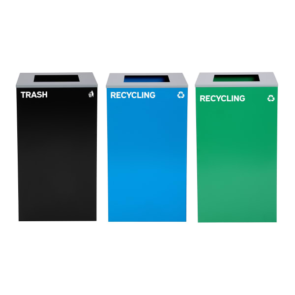Alpine Industries Stainless-Steel Open Top Recycling And Trash Can Set With Square Lids, 29 Gallons, 30inH x 16-15/16inW x 16-15/16inD, Black/Blue/Green, Set Of 3 Trash Cans