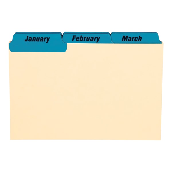 Oxford Manila Card Guides With Laminate Tabs, Monthly, 4in x 6in, Manila; Blue Tabs