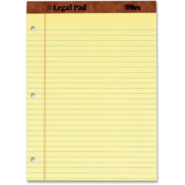 TOPS The Legal Pad Writing Pad - 50 Sheets - Double Stitched - 0.34in Ruled - 16 lb Basis Weight - 8 1/2inx11 3/4in - 0