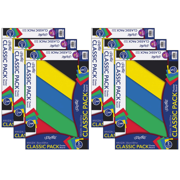 UCreate Poster Board Sheets, 12 pt. Card Stock, 14in x 22in, Assorted Primary Colors, 5 Sheets Per Pack, Carton Of 6 Packs