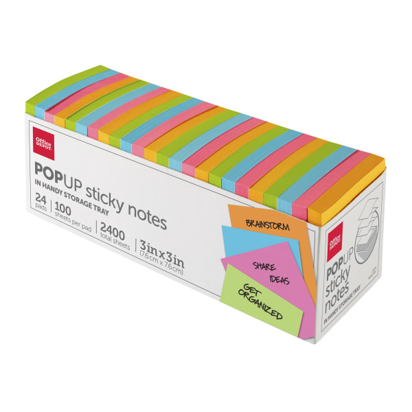Office Depot Brand Pop Up Sticky Notes, With Storage Tray, 3in x 3in, Assorted Vivid Colors, 100 Sheets Per Pad, Pack Of 24 Pads