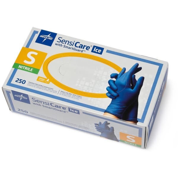 Medline SensiCare Ice Blue Nitrile Exam Gloves - 9.50in Glove - Small Size - Dark Blue - Comfortable, Chemical Resistant, Late - 0