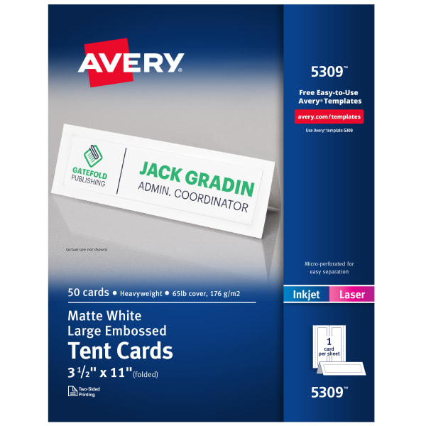 Avery Printable Large Tent Cards, 3.5in x 11in, White With Embossed Border, 50 Blank Place Cards