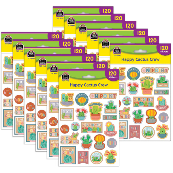 Teacher Created Resources Stickers, Happy Cactus Crew, 120 Per Pack, Set Of 12 Packs