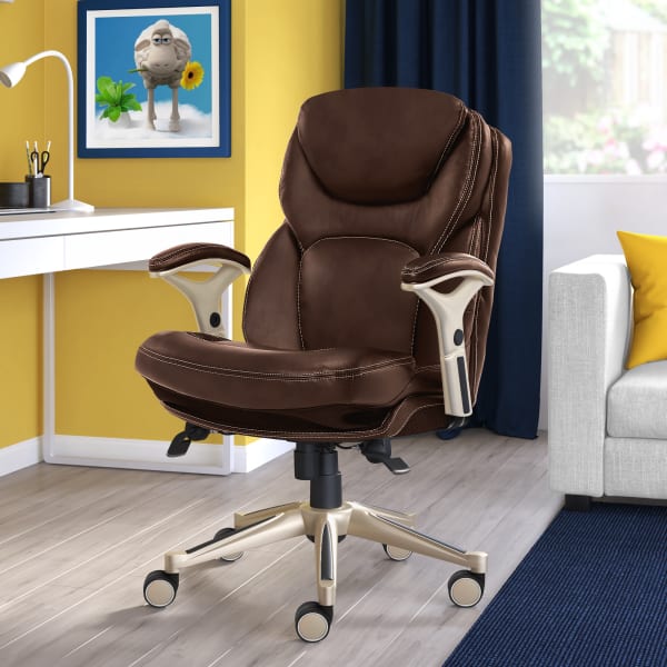 Serta Claremont Ergonomic Bonded Leather Mid-Back Office Chair, Old Chestnut/Silver