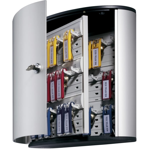 Durable 36-Key Locking Tag-Style Aluminum Key Tag Cabinet, 11in x 11 3/4in x 4 5/8in, Silver