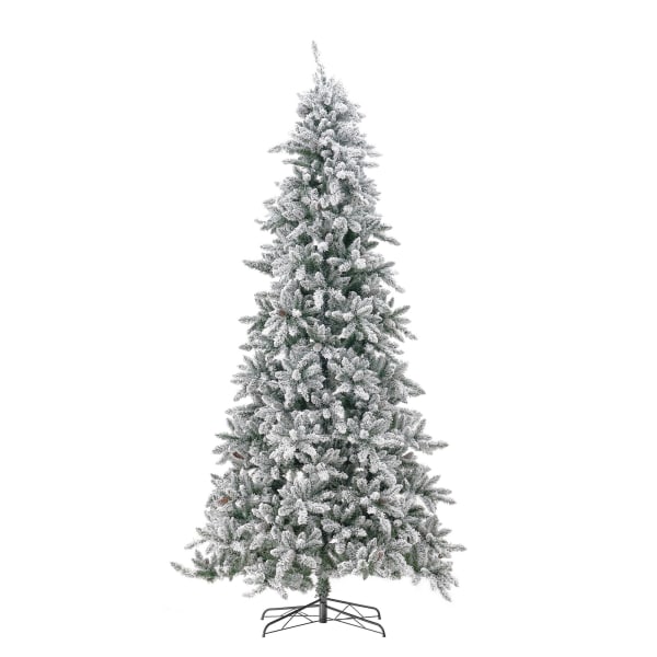 Nearly Natural Flocked Livingston Fir 120inH Artificial Christmas Tree With Pine Cones, LED Lights And Bendable Branches, 120inH x 30inW x 30inD, Green