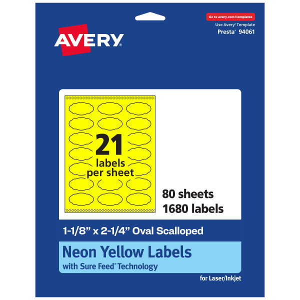 Avery Print-To-The-Edge Labels With Sure Feed Technology And Easy Peel, 94061-NYP80, Oval Scalloped, 1-1/8inx2-1/4in, Matte Neon Yellow, Pack of 1680