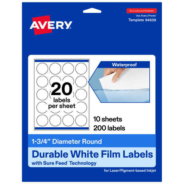 Avery Waterproof Permanent Labels With Sure Feed, 94509-WMF10, Round, 1-3/4in Diameter, White, Pack Of 200