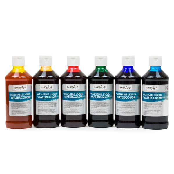Handy Art Washable Liquid Watercolor Paints, 8 Oz, Assorted Primary Colors, Set Of 6 Paints